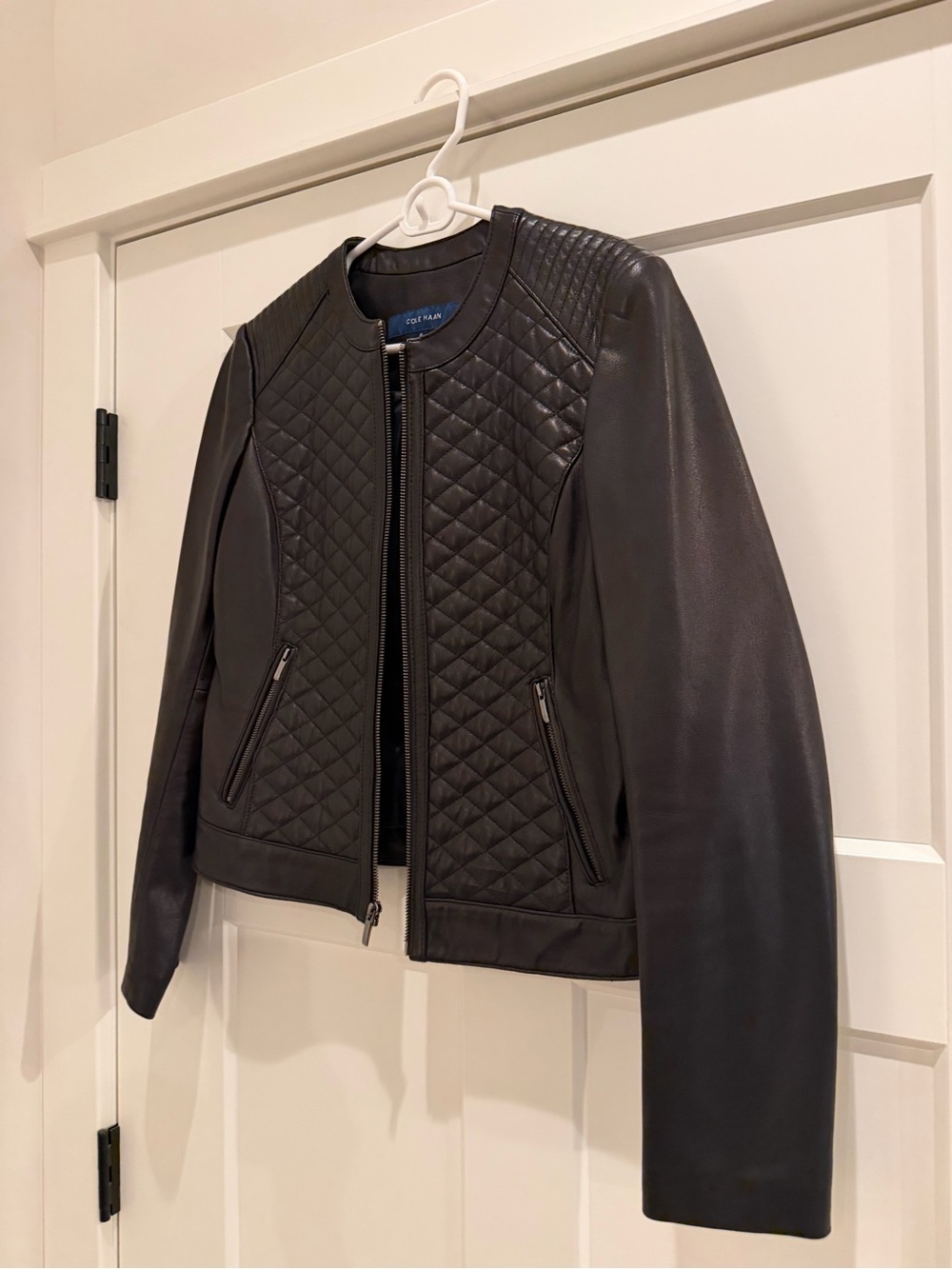 Cole Haan Black Quilted Panel Leather Jacket